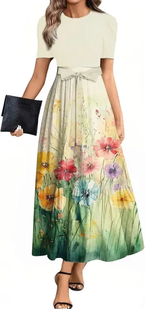 Dresses for Women 2025 Short Sleeve Round Neck Knee Length Dress A Line Long Flowy Beach Dress