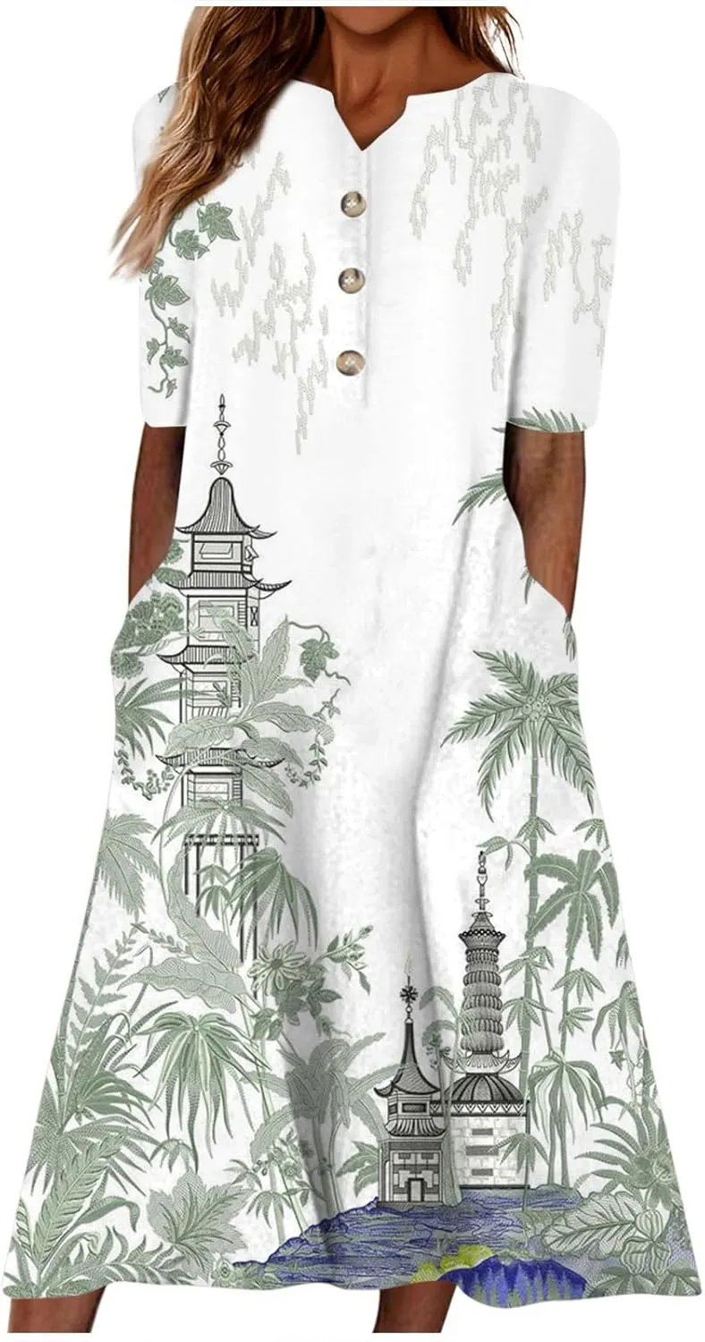 Dresses for Women 2025 V Neck Button Down Dresses Floral Printed Half Sleeve Maxi Dress Pocket Casual Long Dress