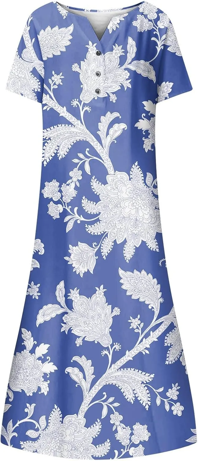 Dresses for Women 2025 V Neck Button Down Dresses Floral Printed Half Sleeve Maxi Dress Pocket Casual Long Dress