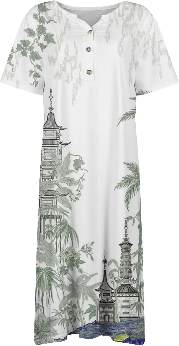 Dresses for Women 2025 V Neck Button Down Dresses Floral Printed Half Sleeve Maxi Dress Pocket Casual Long Dress