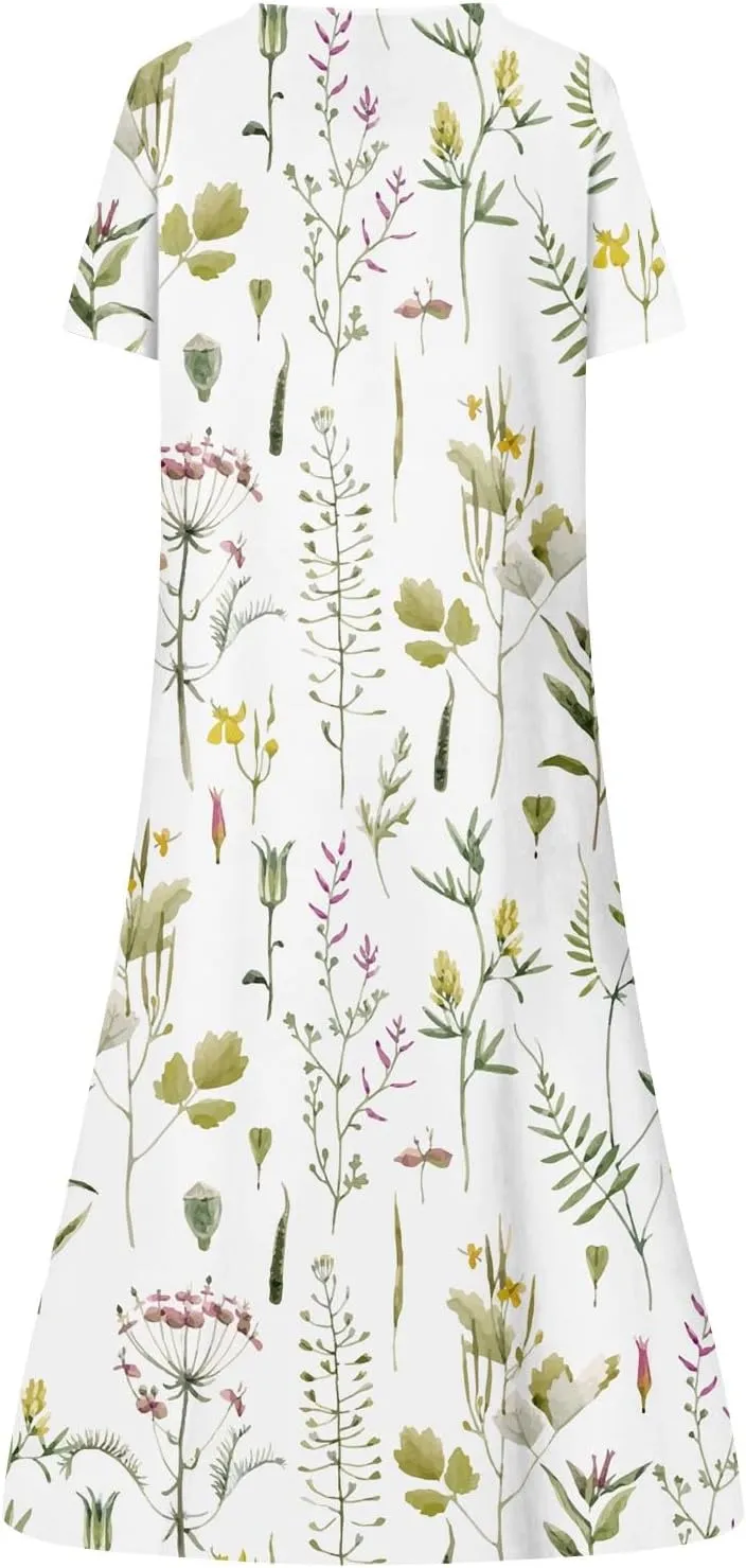 Dresses for Women 2025 V Neck Button Down Dresses Floral Printed Half Sleeve Maxi Dress Pocket Casual Long Dress