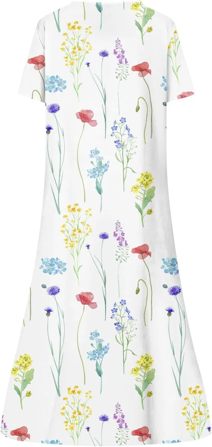 Dresses for Women 2025 V Neck Button Down Dresses Floral Printed Half Sleeve Maxi Dress Pocket Casual Long Dress