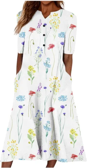 Dresses for Women 2025 V Neck Button Down Dresses Floral Printed Half Sleeve Maxi Dress Pocket Casual Long Dress