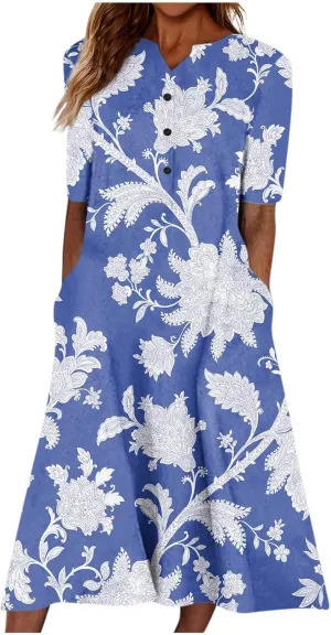 Dresses for Women 2025 V Neck Button Down Dresses Floral Printed Half Sleeve Maxi Dress Pocket Casual Long Dress
