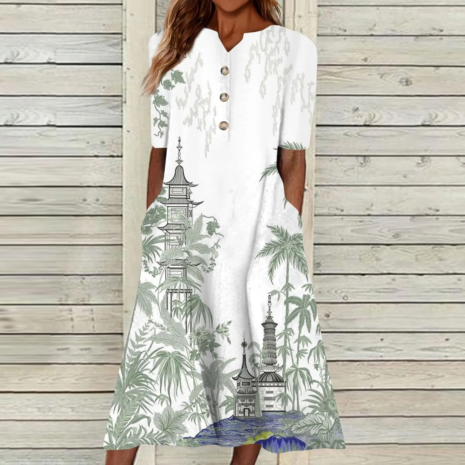Dresses for Women 2025 V Neck Button Down Dresses Floral Printed Half Sleeve Maxi Dress Pocket Casual Long Dress