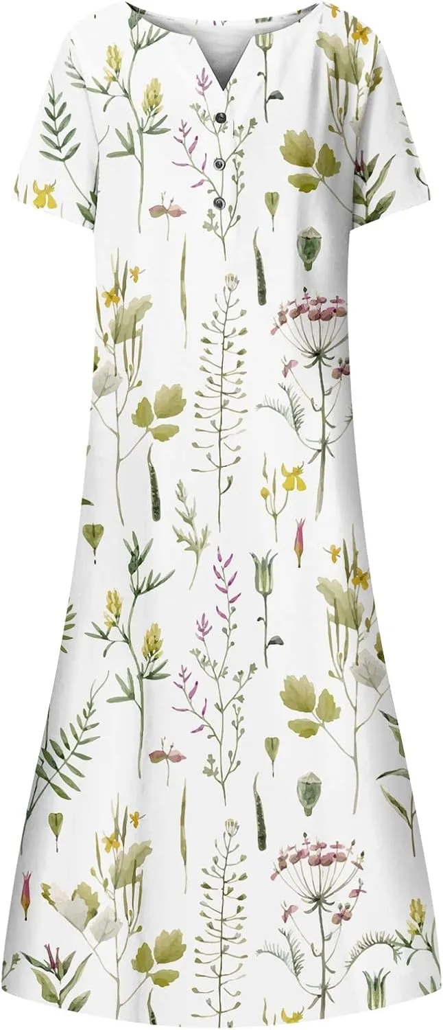 Dresses for Women 2025 V Neck Button Down Dresses Floral Printed Half Sleeve Maxi Dress Pocket Casual Long Dress