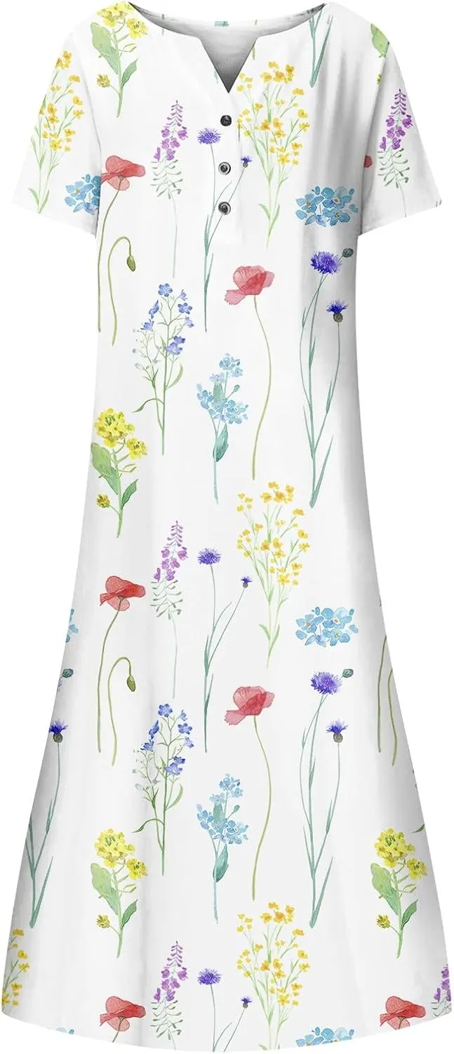 Dresses for Women 2025 V Neck Button Down Dresses Floral Printed Half Sleeve Maxi Dress Pocket Casual Long Dress