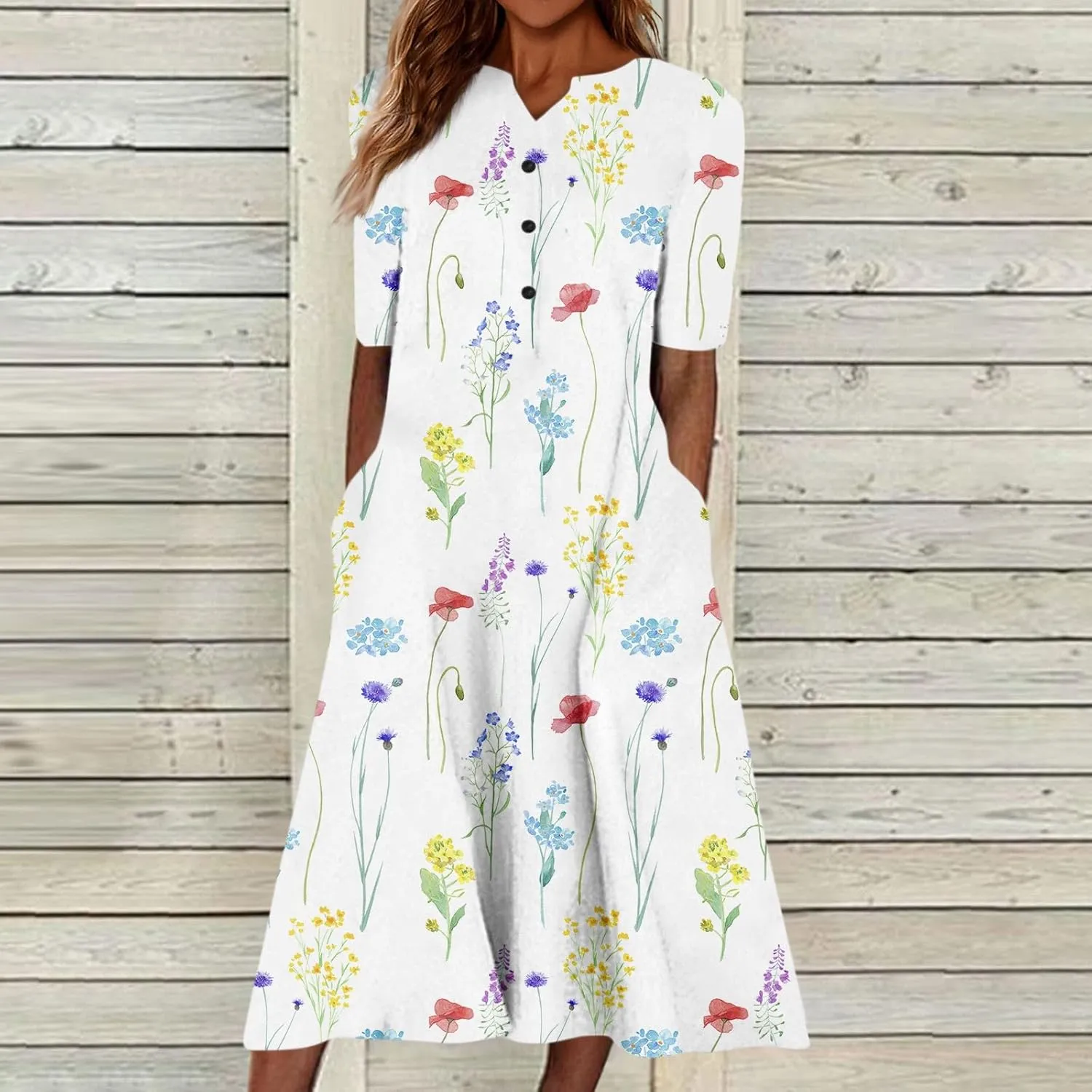 Dresses for Women 2025 V Neck Button Down Dresses Floral Printed Half Sleeve Maxi Dress Pocket Casual Long Dress