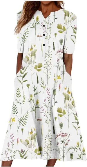 Dresses for Women 2025 V Neck Button Down Dresses Floral Printed Half Sleeve Maxi Dress Pocket Casual Long Dress