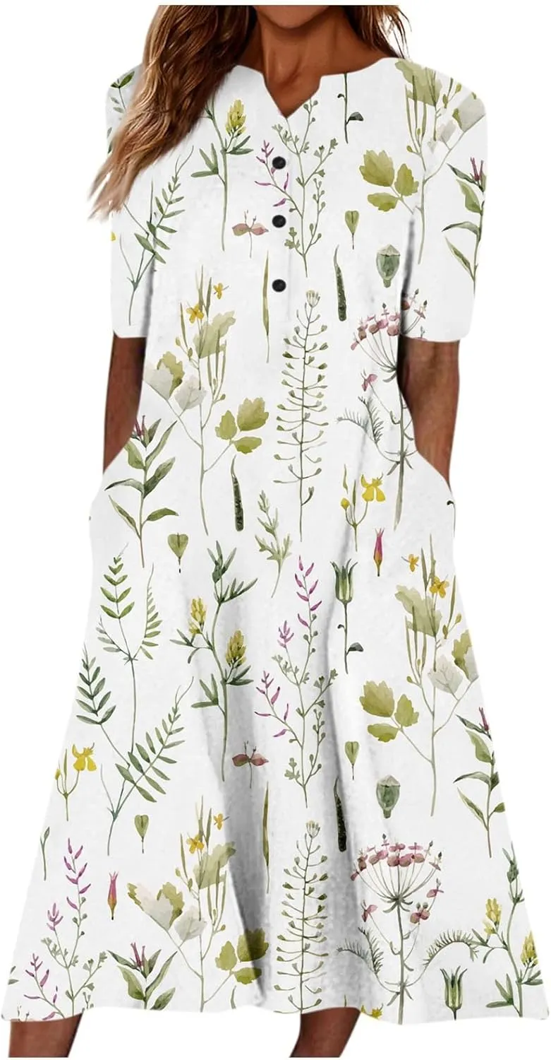 Dresses for Women 2025 V Neck Button Down Dresses Floral Printed Half Sleeve Maxi Dress Pocket Casual Long Dress