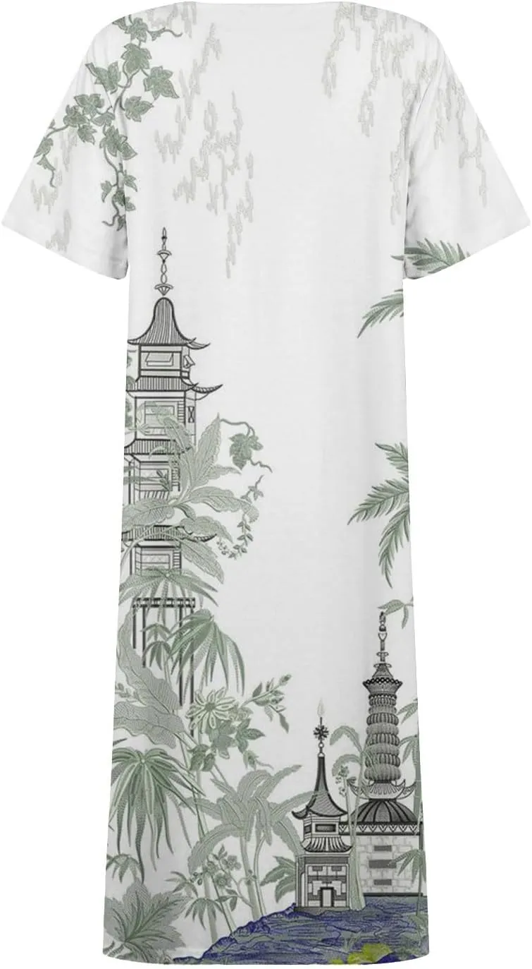 Dresses for Women 2025 V Neck Button Down Dresses Floral Printed Half Sleeve Maxi Dress Pocket Casual Long Dress