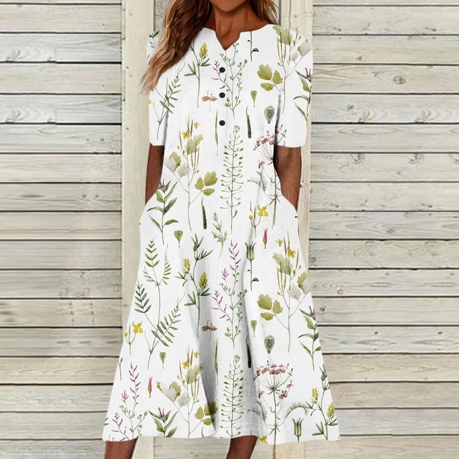 Dresses for Women 2025 V Neck Button Down Dresses Floral Printed Half Sleeve Maxi Dress Pocket Casual Long Dress
