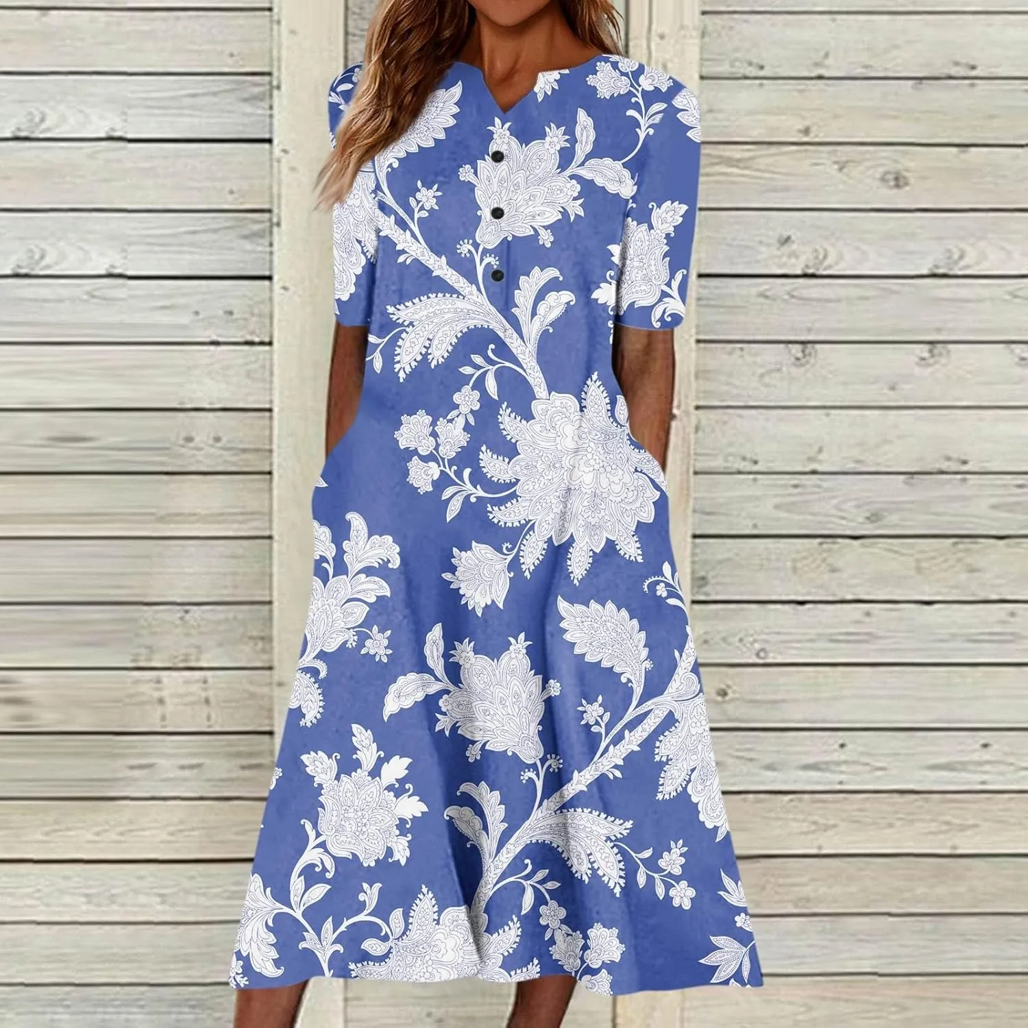 Dresses for Women 2025 V Neck Button Down Dresses Floral Printed Half Sleeve Maxi Dress Pocket Casual Long Dress
