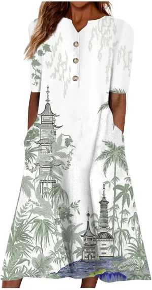 Dresses for Women 2025 V Neck Button Down Dresses Floral Printed Half Sleeve Maxi Dress Pocket Casual Long Dress