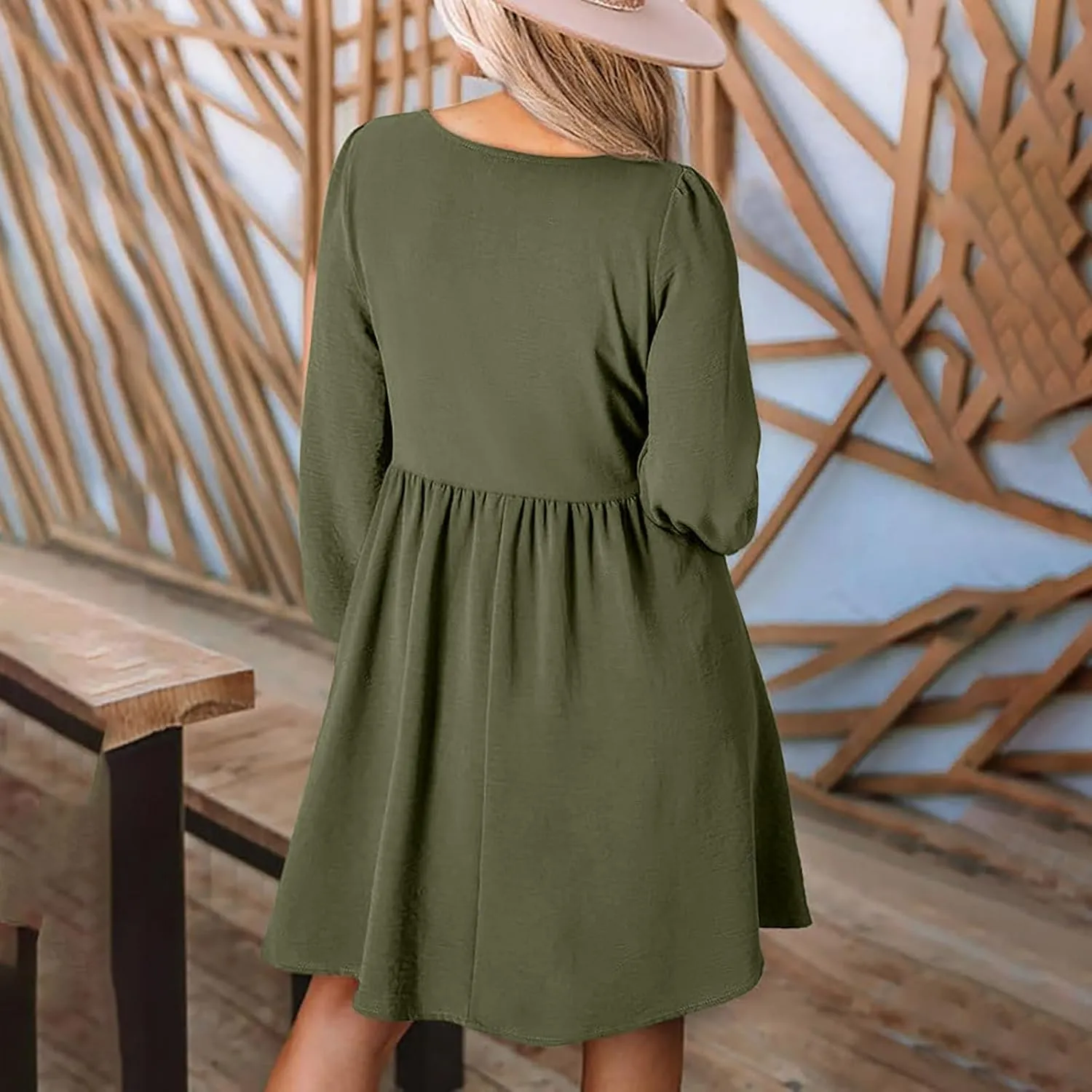 Dresses for Women Casual Fall Long Sleeve Smocked Scoop Neck Button Up Dress Empire Waist Pleated A-Line Mini Dresses