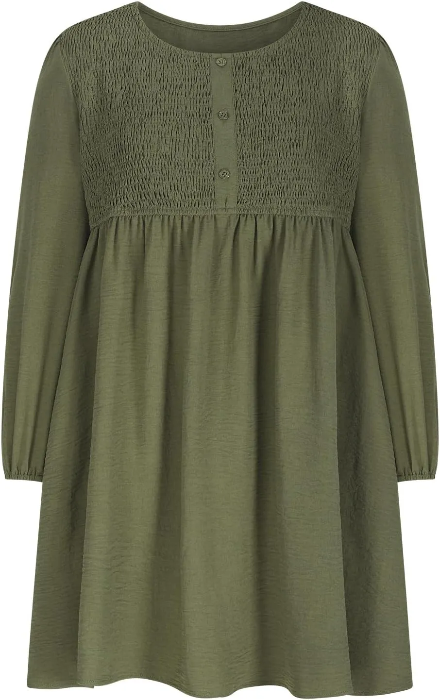 Dresses for Women Casual Fall Long Sleeve Smocked Scoop Neck Button Up Dress Empire Waist Pleated A-Line Mini Dresses