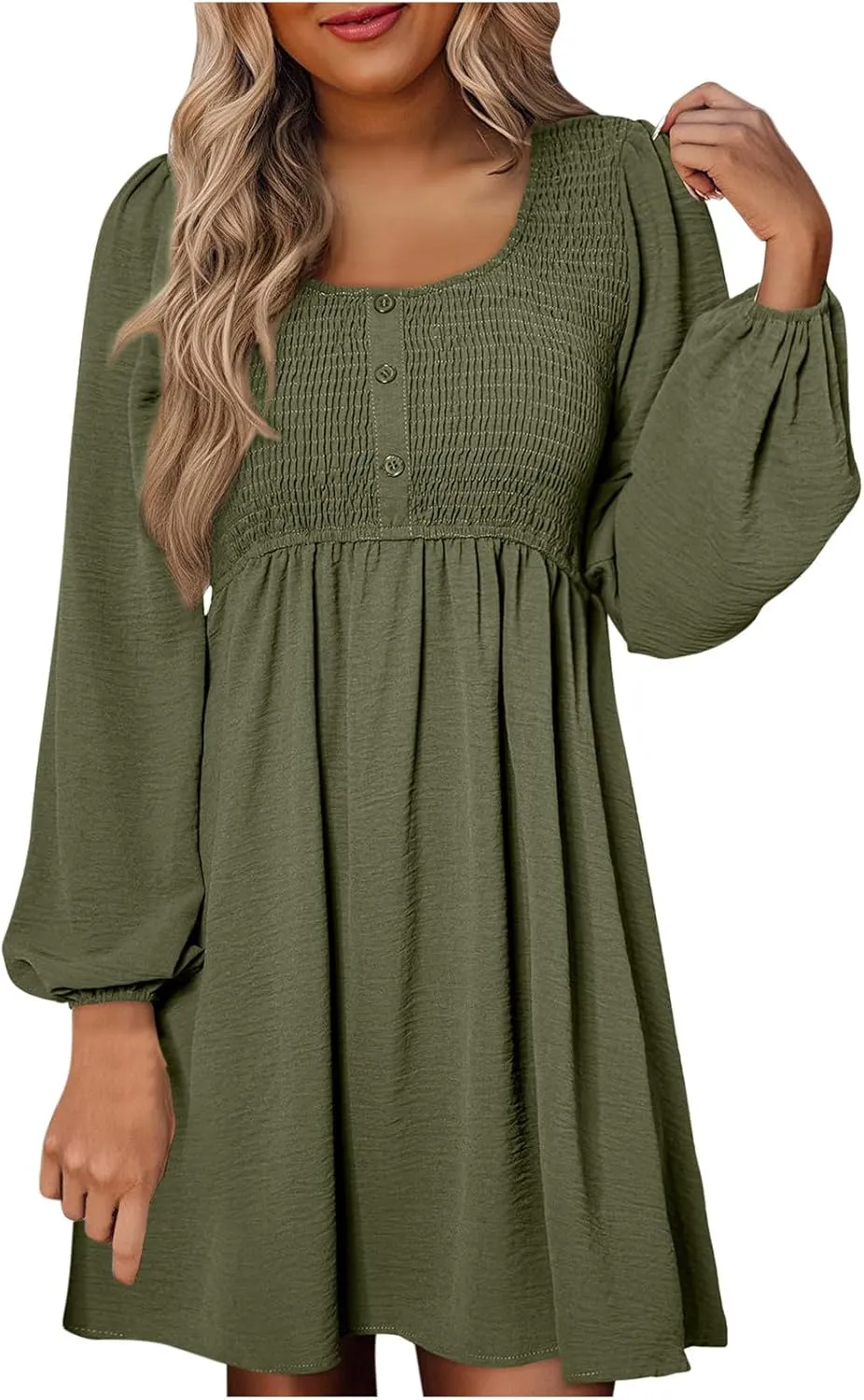Dresses for Women Casual Fall Long Sleeve Smocked Scoop Neck Button Up Dress Empire Waist Pleated A-Line Mini Dresses
