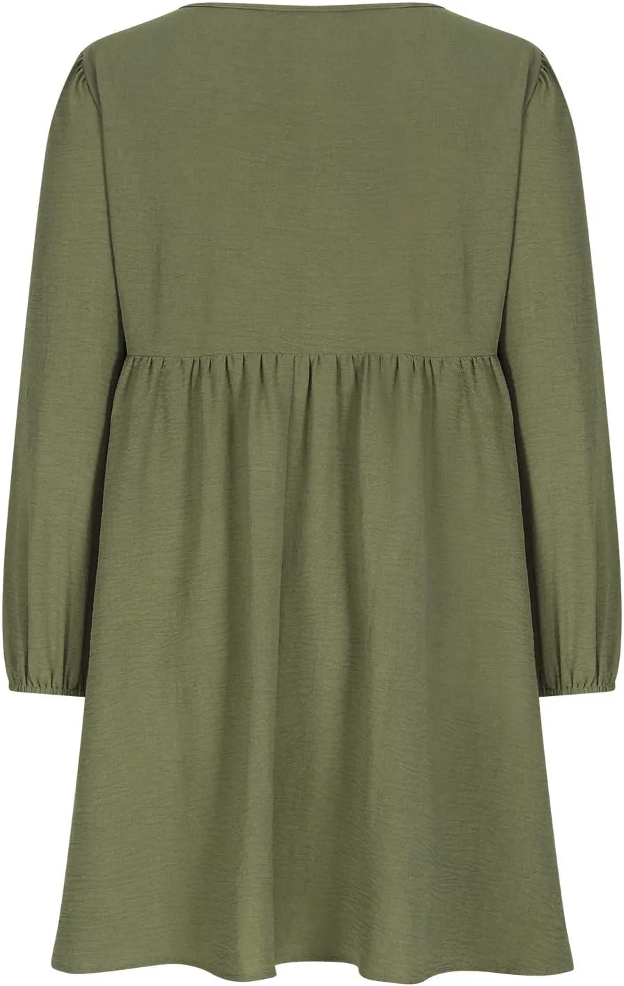 Dresses for Women Casual Fall Long Sleeve Smocked Scoop Neck Button Up Dress Empire Waist Pleated A-Line Mini Dresses