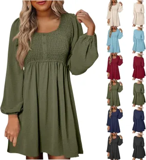Dresses for Women Casual Fall Long Sleeve Smocked Scoop Neck Button Up Dress Empire Waist Pleated A-Line Mini Dresses