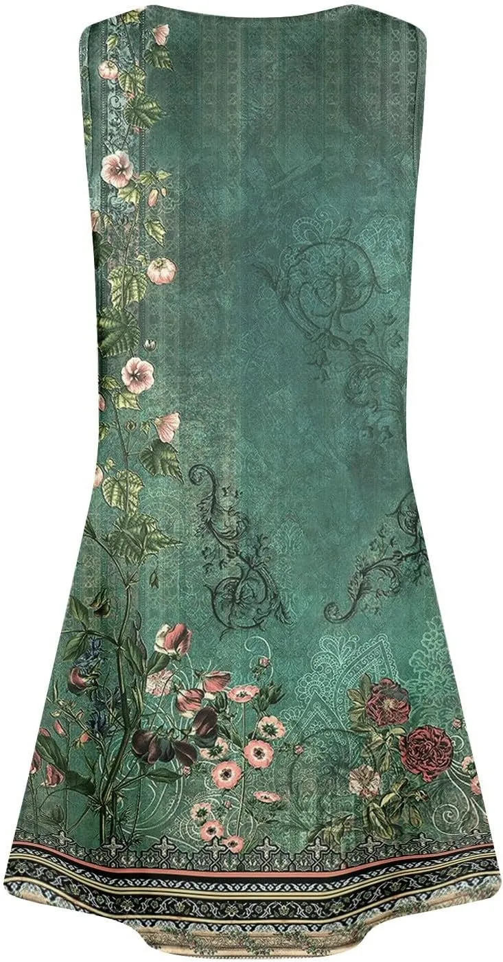 Dresses for Women Summer Boho Beach Dress Loose V Neck Sleeveless Sundresses Swimsuit with Hidden Pockets