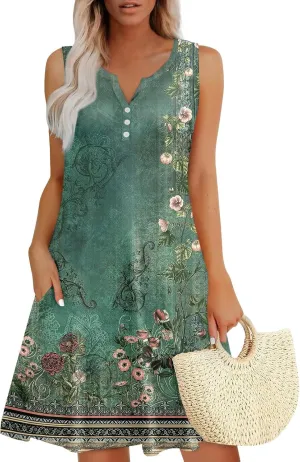Dresses for Women Summer Boho Beach Dress Loose V Neck Sleeveless Sundresses Swimsuit with Hidden Pockets
