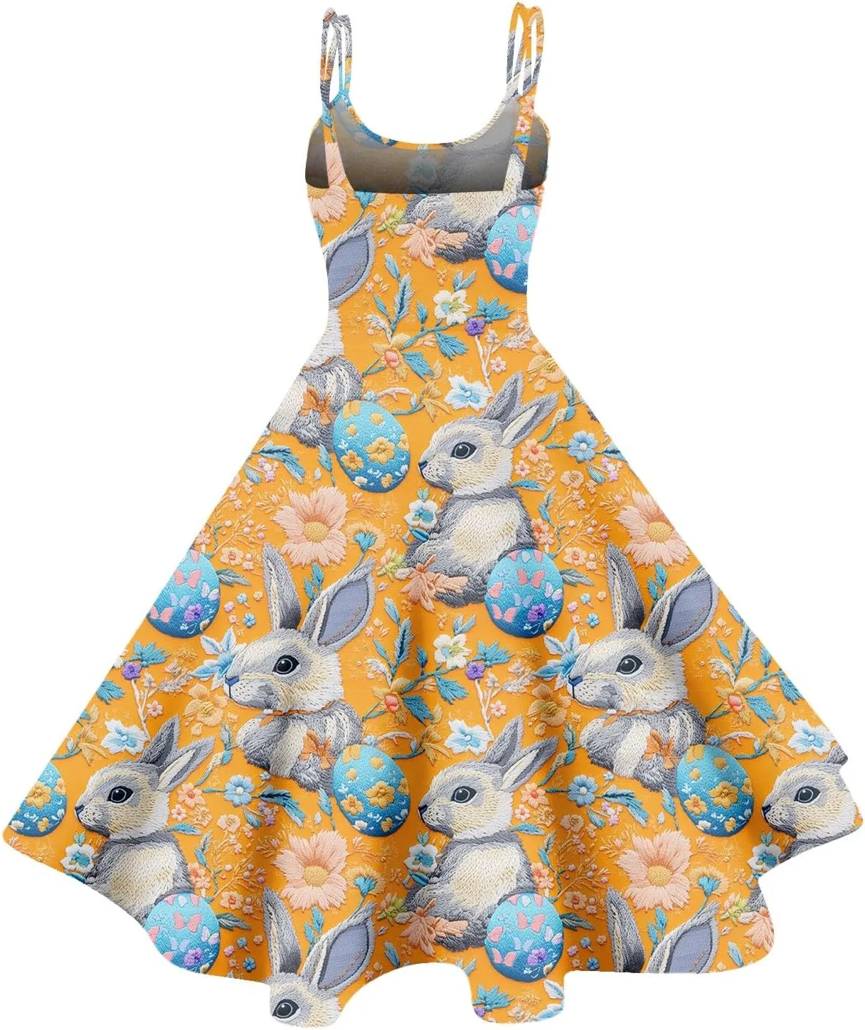 Easter Dresses for Women Vintage Spaghetti Strap Punk Aline Swing Dress Bunny Printed Knee Length Tea Party Dress