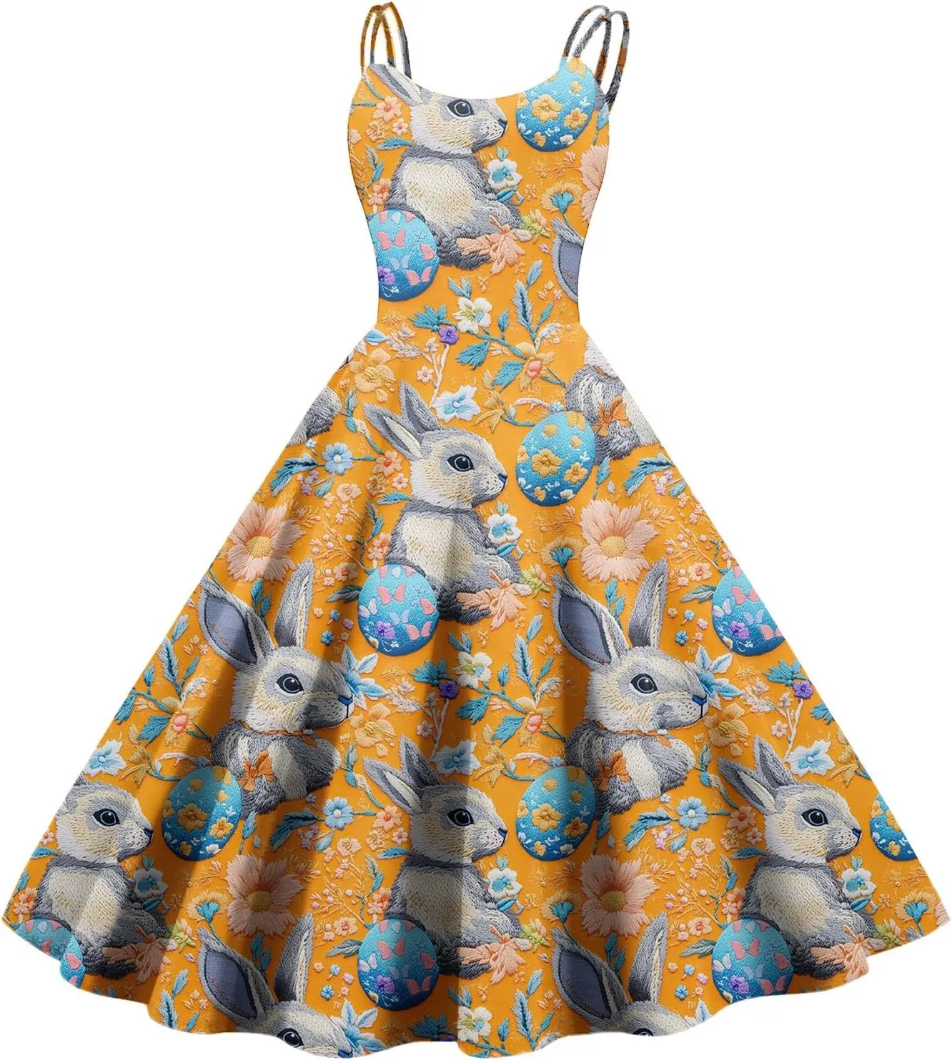 Easter Dresses for Women Vintage Spaghetti Strap Punk Aline Swing Dress Bunny Printed Knee Length Tea Party Dress