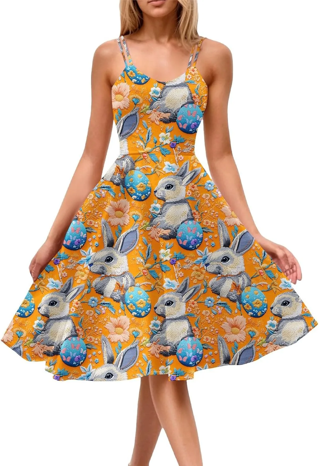 Easter Dresses for Women Vintage Spaghetti Strap Punk Aline Swing Dress Bunny Printed Knee Length Tea Party Dress