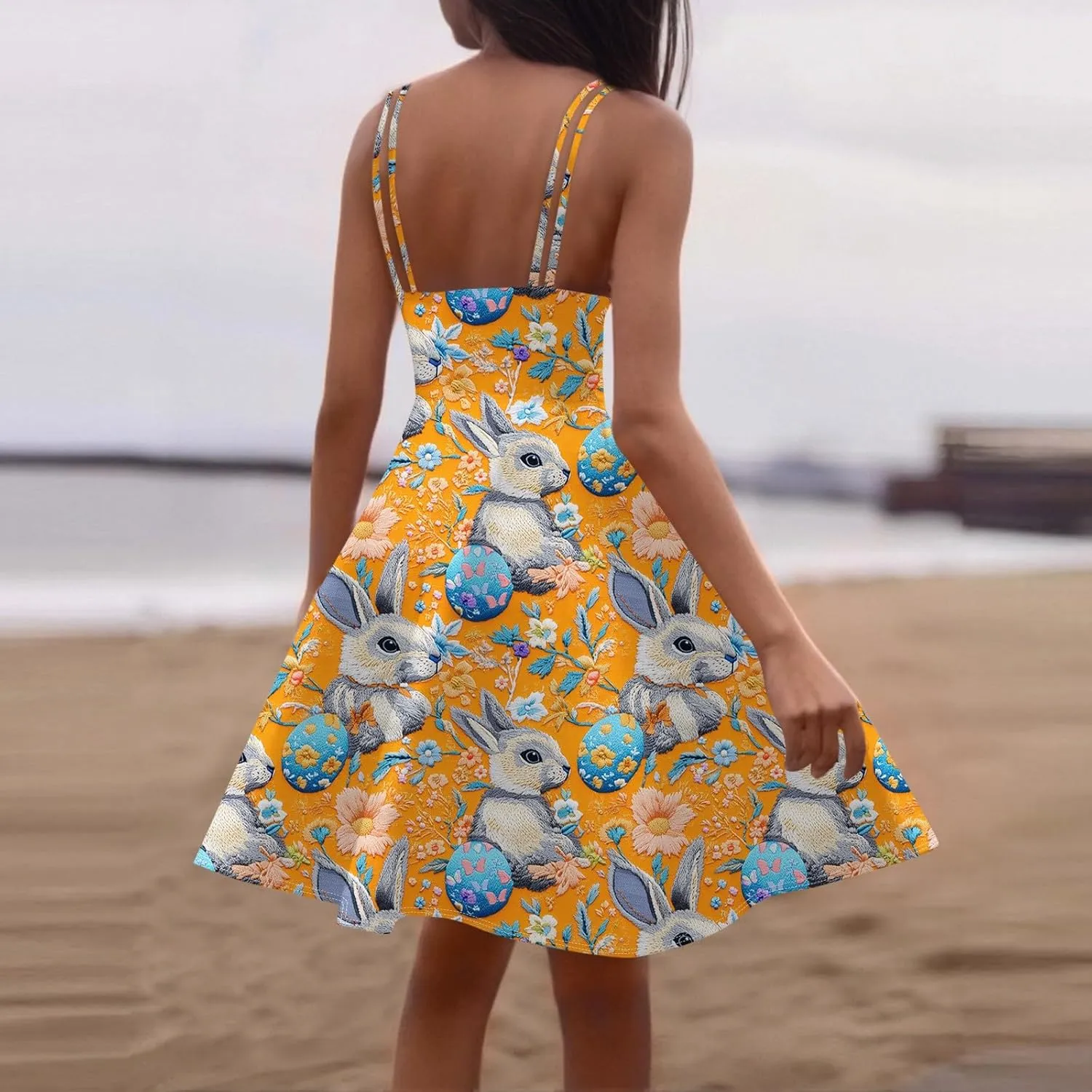 Easter Dresses for Women Vintage Spaghetti Strap Punk Aline Swing Dress Bunny Printed Knee Length Tea Party Dress