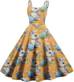 Easter Dresses for Women Vintage Spaghetti Strap Punk Aline Swing Dress Bunny Printed Knee Length Tea Party Dress