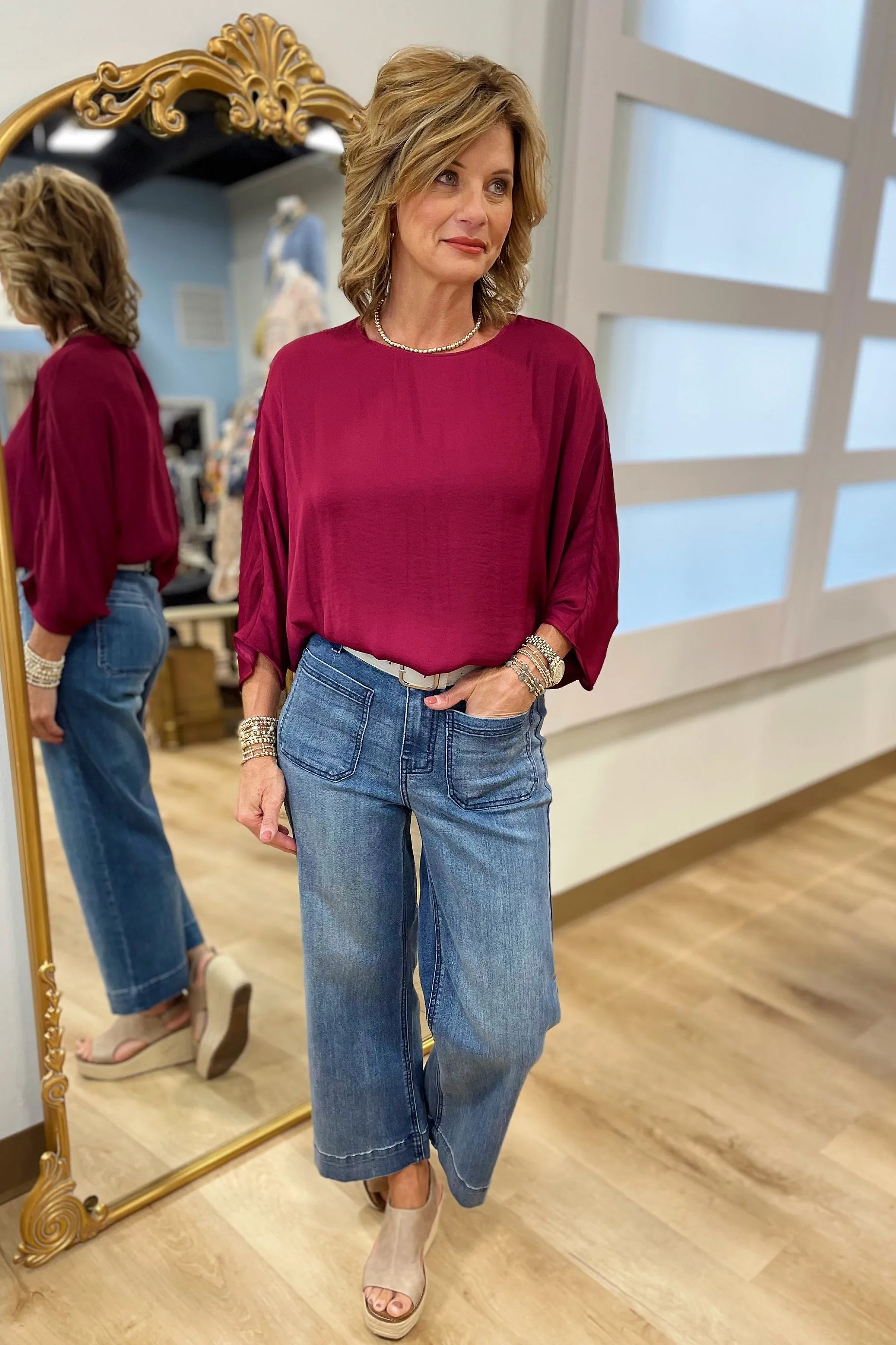 Easy Going 3/4 Sleeve Batwing Blouse Garnet