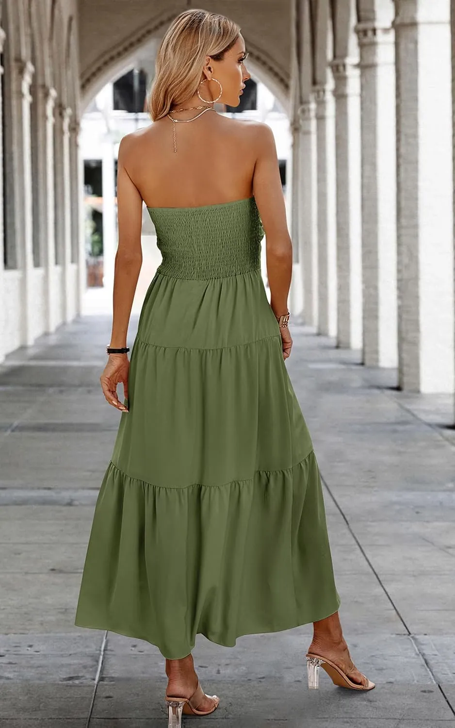 ECOWISH Women's Summer Strapless Maxi Dress 2025 Off Shoulder Hollow Out Smocked A Line Tube Tiered Long Dresses