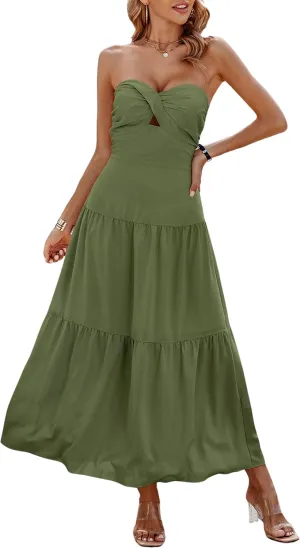 ECOWISH Women's Summer Strapless Maxi Dress 2025 Off Shoulder Hollow Out Smocked A Line Tube Tiered Long Dresses