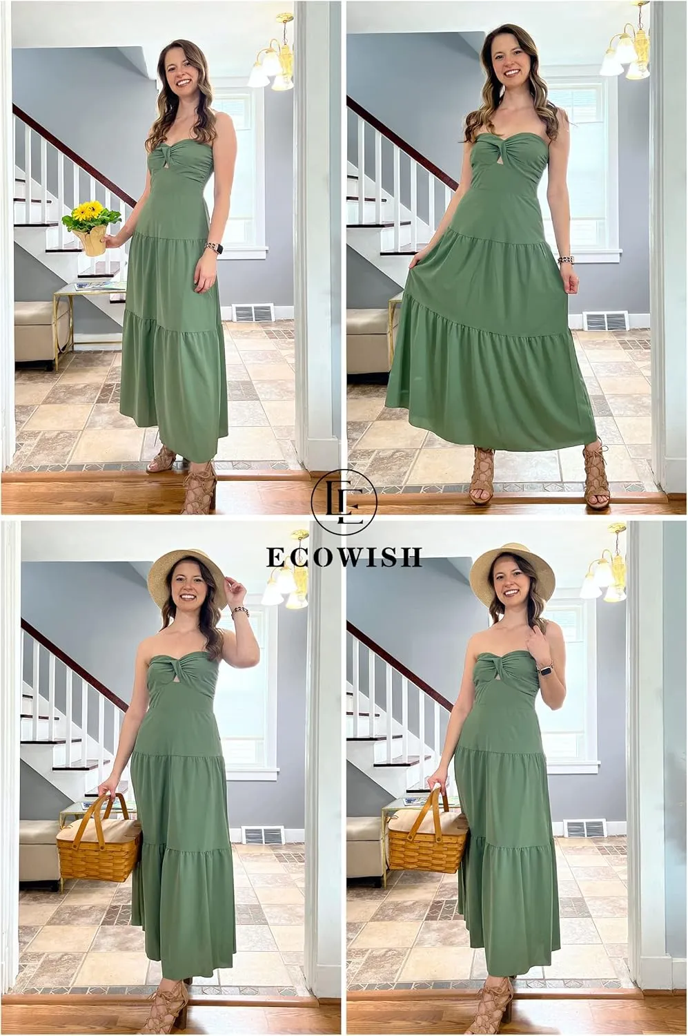 ECOWISH Women's Summer Strapless Maxi Dress 2025 Off Shoulder Hollow Out Smocked A Line Tube Tiered Long Dresses