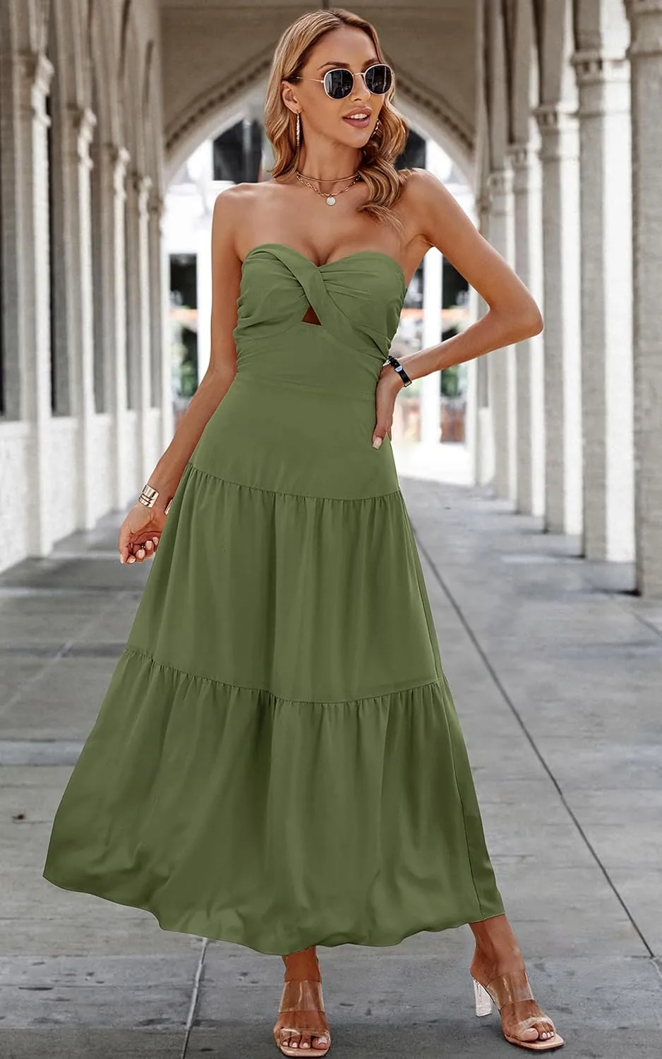 ECOWISH Women's Summer Strapless Maxi Dress 2025 Off Shoulder Hollow Out Smocked A Line Tube Tiered Long Dresses