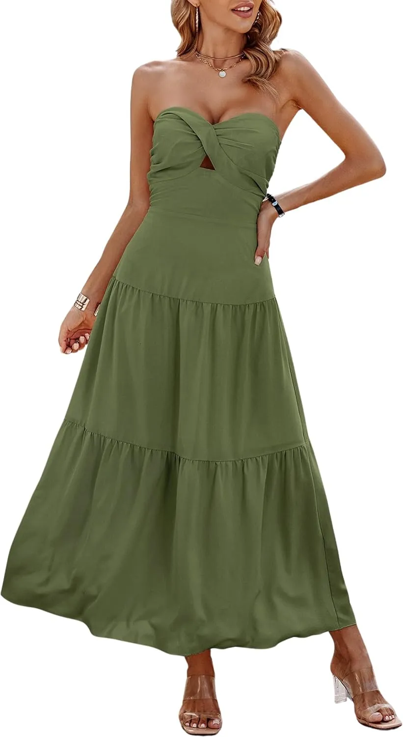 ECOWISH Women's Summer Strapless Maxi Dress 2025 Off Shoulder Hollow Out Smocked A Line Tube Tiered Long Dresses