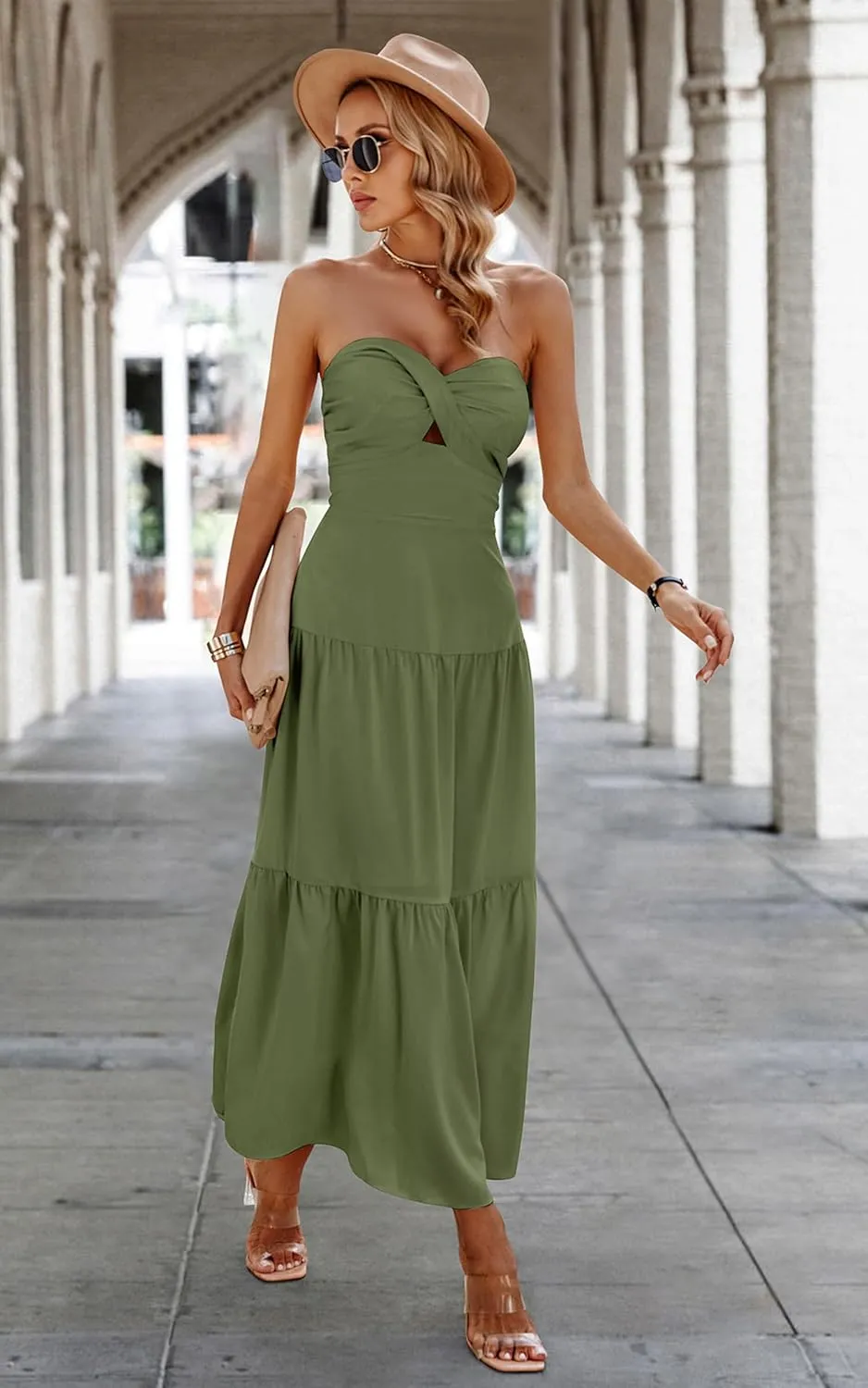 ECOWISH Women's Summer Strapless Maxi Dress 2025 Off Shoulder Hollow Out Smocked A Line Tube Tiered Long Dresses