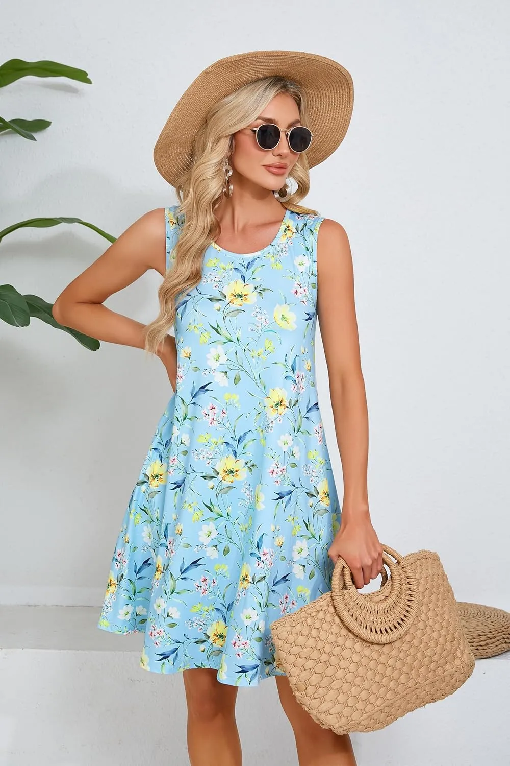 ENMAIN Sundress for Women Summer Casual Sleeveless Dress Swing Loose Floral Cover up Beach Tank Dresses with Pockets