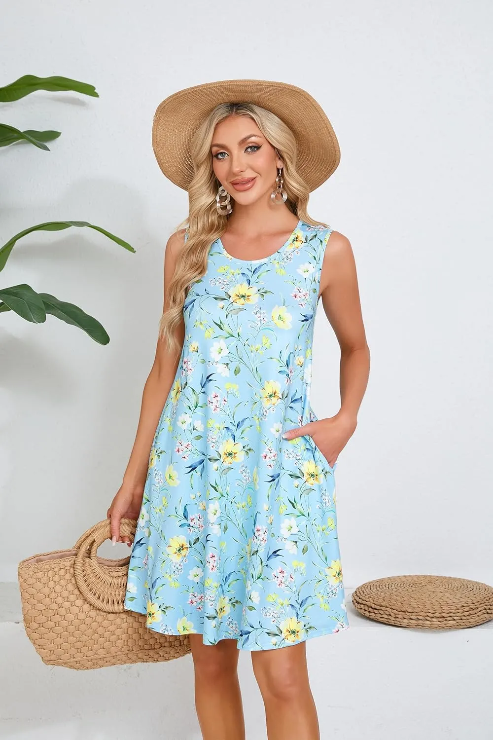 ENMAIN Sundress for Women Summer Casual Sleeveless Dress Swing Loose Floral Cover up Beach Tank Dresses with Pockets