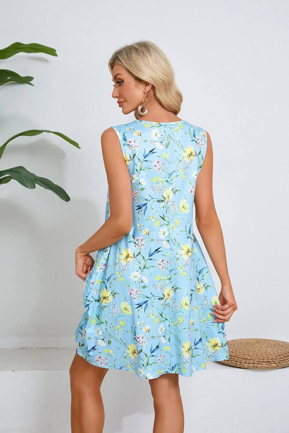 ENMAIN Sundress for Women Summer Casual Sleeveless Dress Swing Loose Floral Cover up Beach Tank Dresses with Pockets
