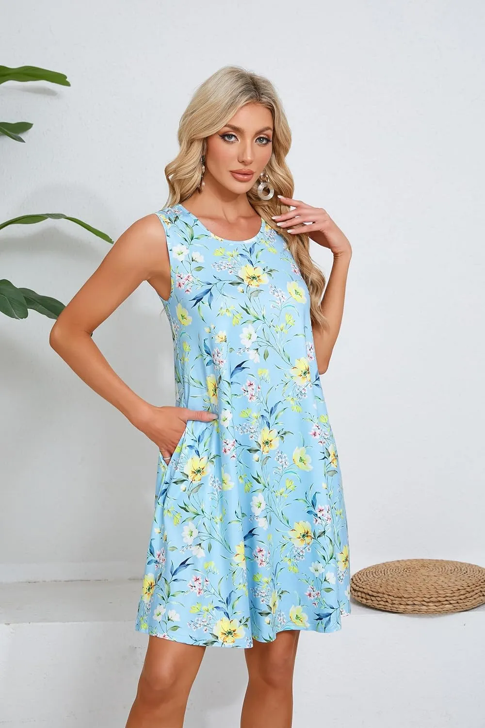 ENMAIN Sundress for Women Summer Casual Sleeveless Dress Swing Loose Floral Cover up Beach Tank Dresses with Pockets
