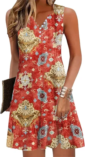 ETCYY Sundresses for Women 2025 Vacation Beach Dress V-Neck Pleated Ruffle Dresses Button Down Sleeveless Summer Dresses