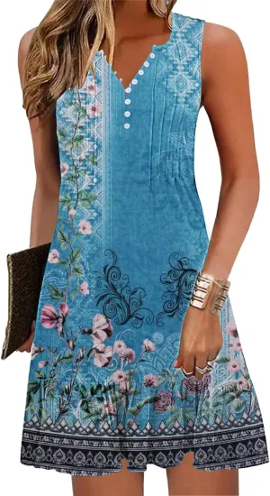 ETCYY Sundresses for Women 2025 Vacation Beach Dress V-Neck Pleated Ruffle Dresses Button Down Sleeveless Summer Dresses