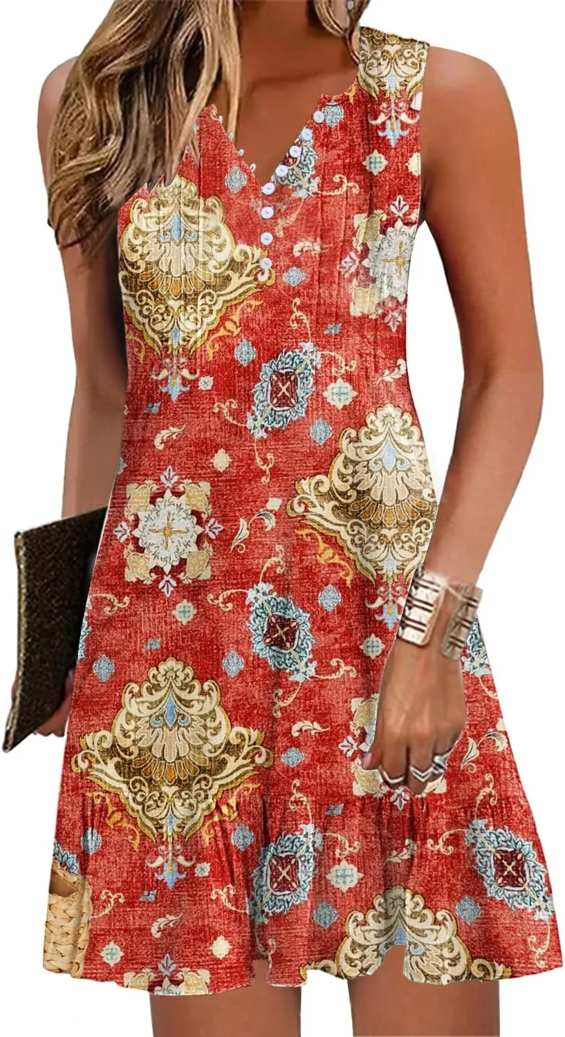 ETCYY Sundresses for Women 2025 Vacation Beach Dress V-Neck Pleated Ruffle Dresses Button Down Sleeveless Summer Dresses