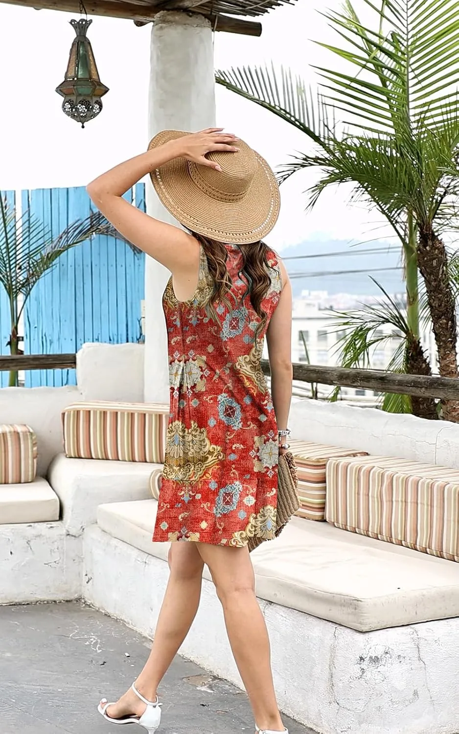 ETCYY Sundresses for Women 2025 Vacation Beach Dress V-Neck Pleated Ruffle Dresses Button Down Sleeveless Summer Dresses