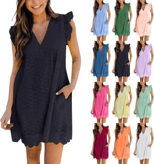 Eyelet Dress for Women 2025 Sleeveless Ruffle Jacquard Lace Cutout Mini Dresses V Neck Loose Boho Beach Vacation Sundresses