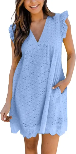 Eyelet Dress for Women 2025 Sleeveless Ruffle Jacquard Lace Cutout Mini Dresses V Neck Loose Boho Beach Vacation Sundresses