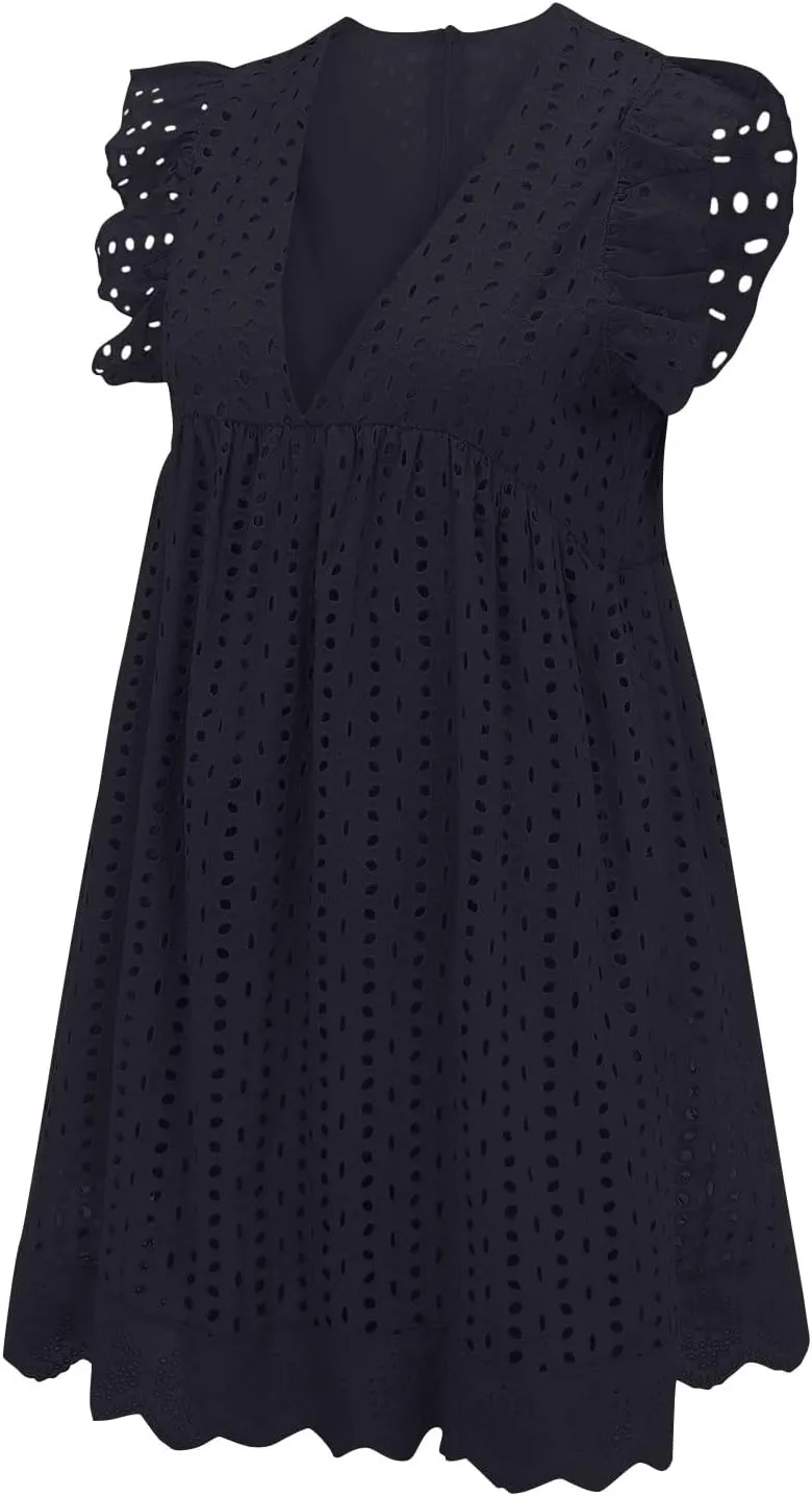 Eyelet Dress for Women 2025 Sleeveless Ruffle Jacquard Lace Cutout Mini Dresses V Neck Loose Boho Beach Vacation Sundresses