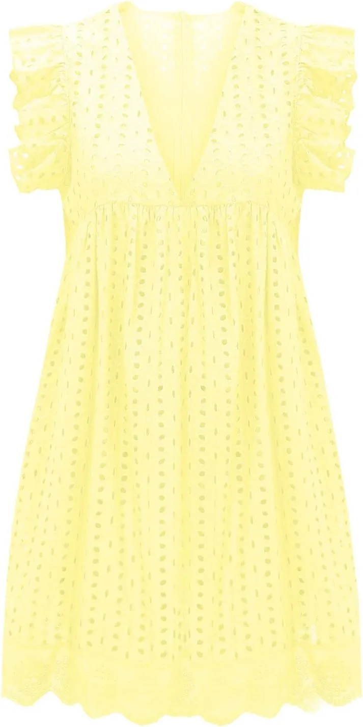Eyelet Dress for Women 2025 Sleeveless Ruffle Jacquard Lace Cutout Mini Dresses V Neck Loose Boho Beach Vacation Sundresses