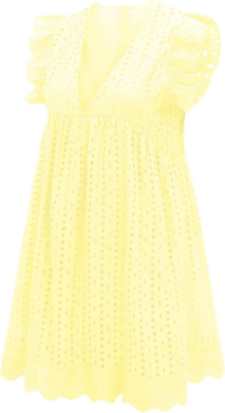 Eyelet Dress for Women 2025 Sleeveless Ruffle Jacquard Lace Cutout Mini Dresses V Neck Loose Boho Beach Vacation Sundresses